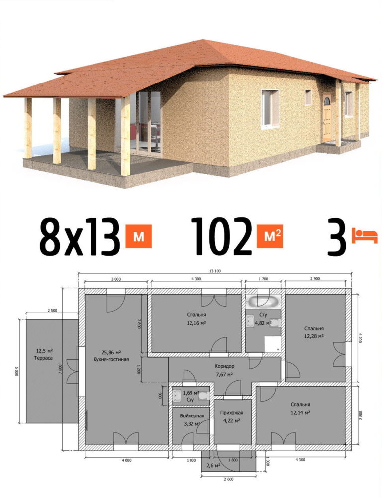 Проект дома 102 кв.м 3 спальни 8 на 13 одноэтажный - расчет под чистовую фото и планы