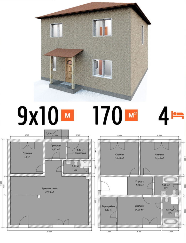 Проект дома 170 кв.м 4 спальни 9 на 10 двухэтажный - расчет под чистовую фото и планы