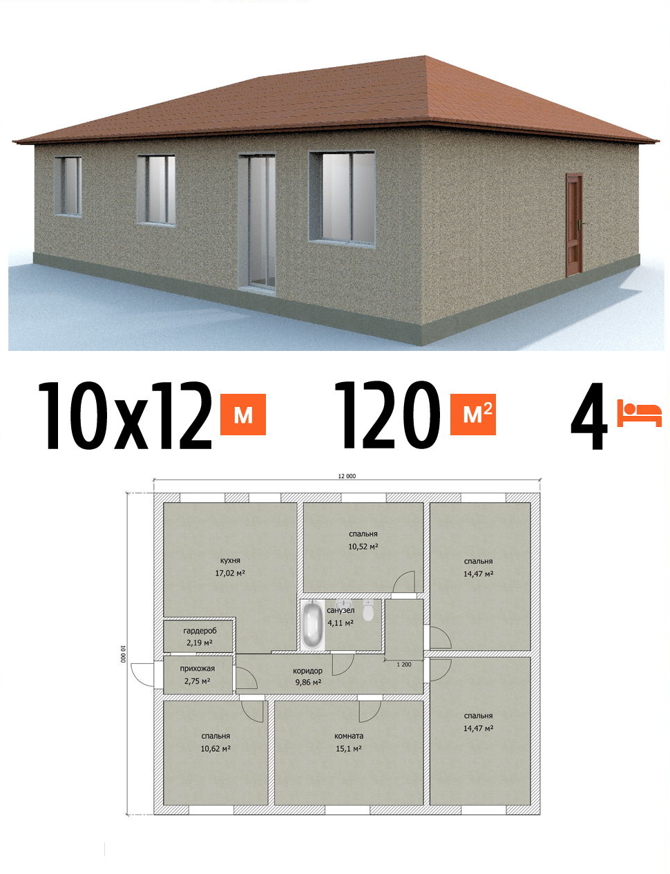 Проект дома 120 кв.м 4 спальни 10 на 12 одноэтажный - расчет под чистовую фото и планы